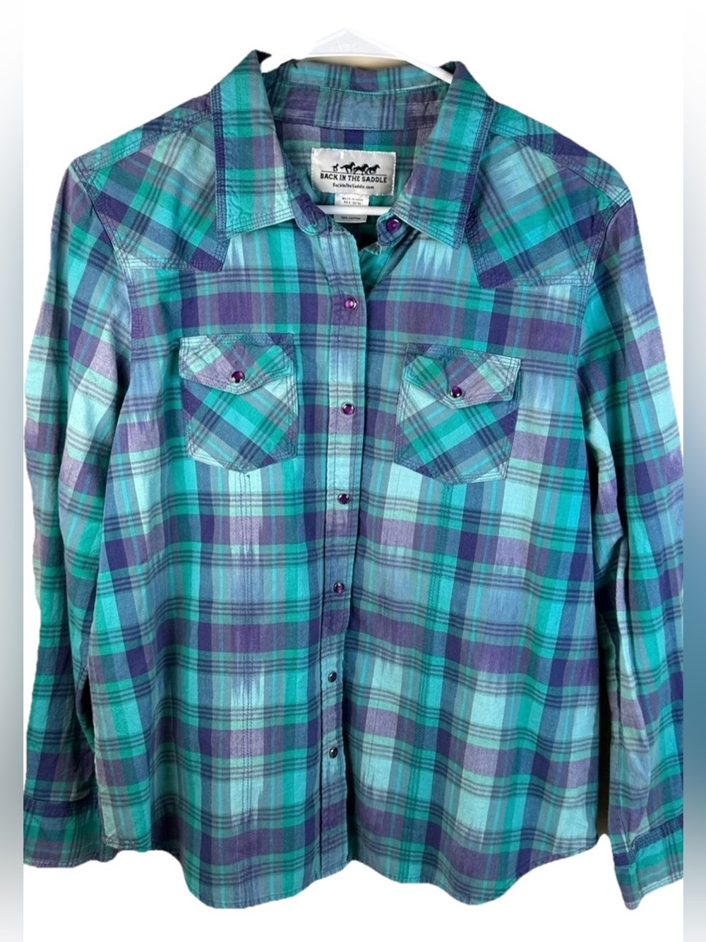 Back in the Saddle Women’s Large Teal & Purple Plaid Western Button-Up Shirt
